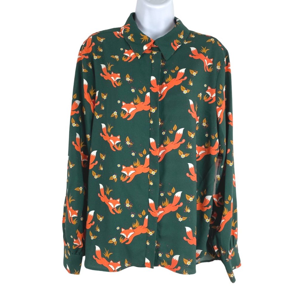 Modcloth Shirt Top Button Front Fox Floral Print Long Sleeve Women's Large